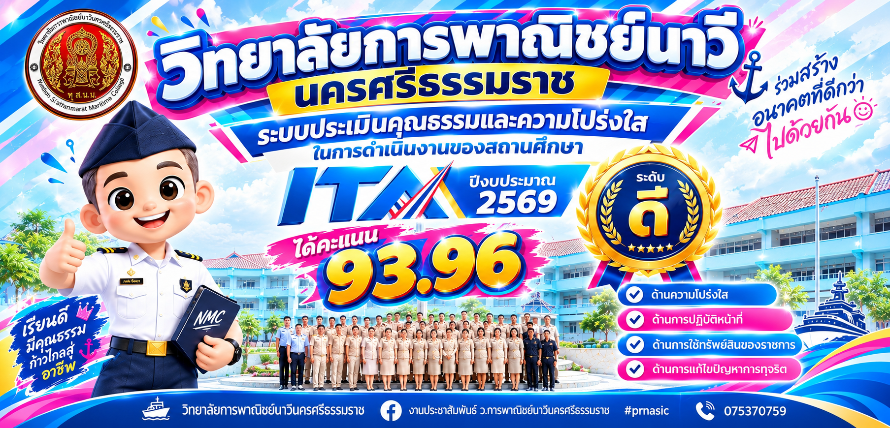 ผ่านการประเมินคุณธรรมและความโปร่งใสในการดำเนินงานของสถานศึกษา (ITA) ประจำปีงบประมาณ พ.ศ. 2569 ด้วยคะแนน 93.96 คะแนน อยู่ใน ระดับดี